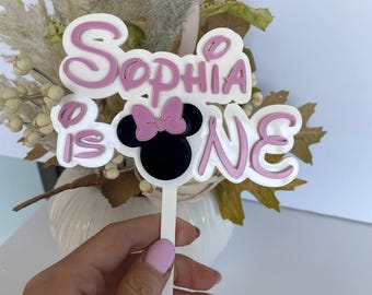 Décoration pour gâteau en acrylique Minnie Mouse | Décoration d'anniversaire avec prénom personnalisé (noeud rose)