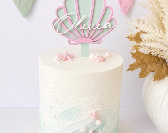 Décoration de gâteau personnalisée en forme de coquille de sirène | Décoration d'anniversaire sous la mer en acrylique
