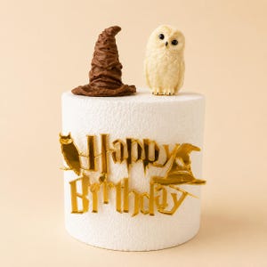 May include: A white cylindrical cake topper base featuring a gold acrylic Happy Birthday sign with an owl and hat silhouette. On top sit a brown textured wizard hat figurine and a cream-colored owl figurine with black eyes and detailed feathers.