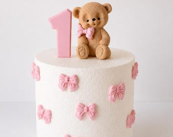 Fondant Teddy Bear Cake Topper with Bow & Number  Baby Shower