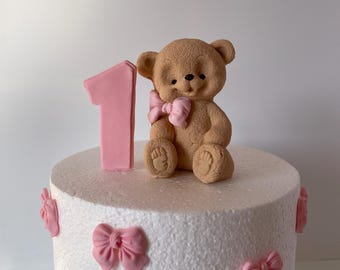 Décoration de gâteau fondant ours en peluche avec noeud et numéro de baby shower