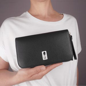 Grand portefeuille en cuir noir I Portefeuille XXL I Portefeuille femme en cuir véritable avec de nombreux compartiments I Cadeau de Noël pour femme