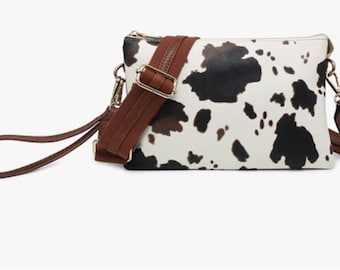 Cow print crossbody, cow purse, cow wristlet, guitar strap cow crossbody