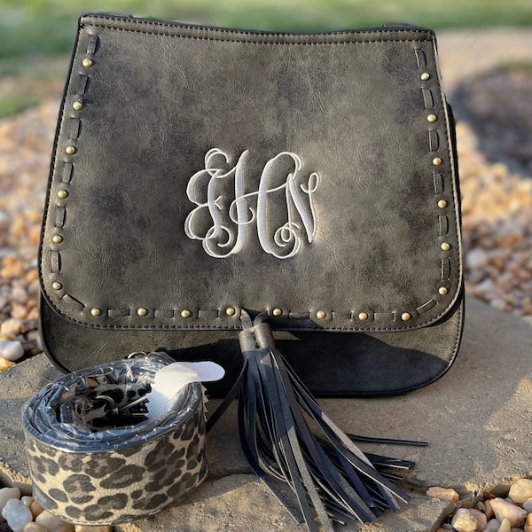 Black Bailey Personalized crossbody, personalized purse, strap purse, saddle bag, monogram guitar strap purse, tassel tote