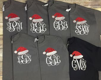 Personalized Santa hat shirt, personalized Christmas shirt, initial Christmas shirt, matching Christmas pjs top, matching Christmas shirts