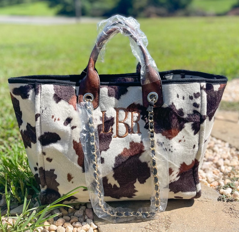 Cow Print Purse Monogram Cow Tote Bag Personalized Cow Bag Etsy