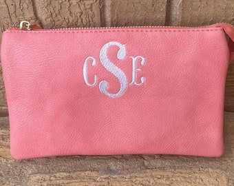 Peach 3 compartment wristlet/crossbody, personalized peach wristlet, monogrammed peach wallet