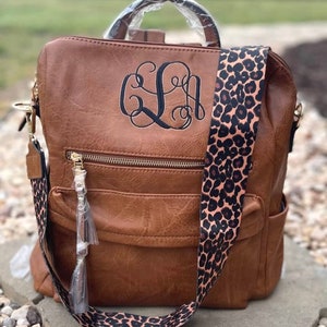 Brown guitar strap backpack, monogrammed backpack, personalized ladies backpack,  backpack