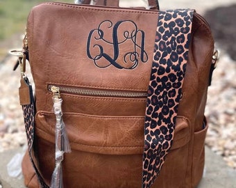 Brown guitar strap backpack, monogrammed backpack, personalized ladies backpack,  backpack