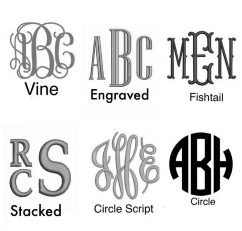 May include: Six different monogram styles are shown: Vine, Engraved, Fishtail, Stacked, Circle Script, and Circle. Each style is shown with the letters ABC.