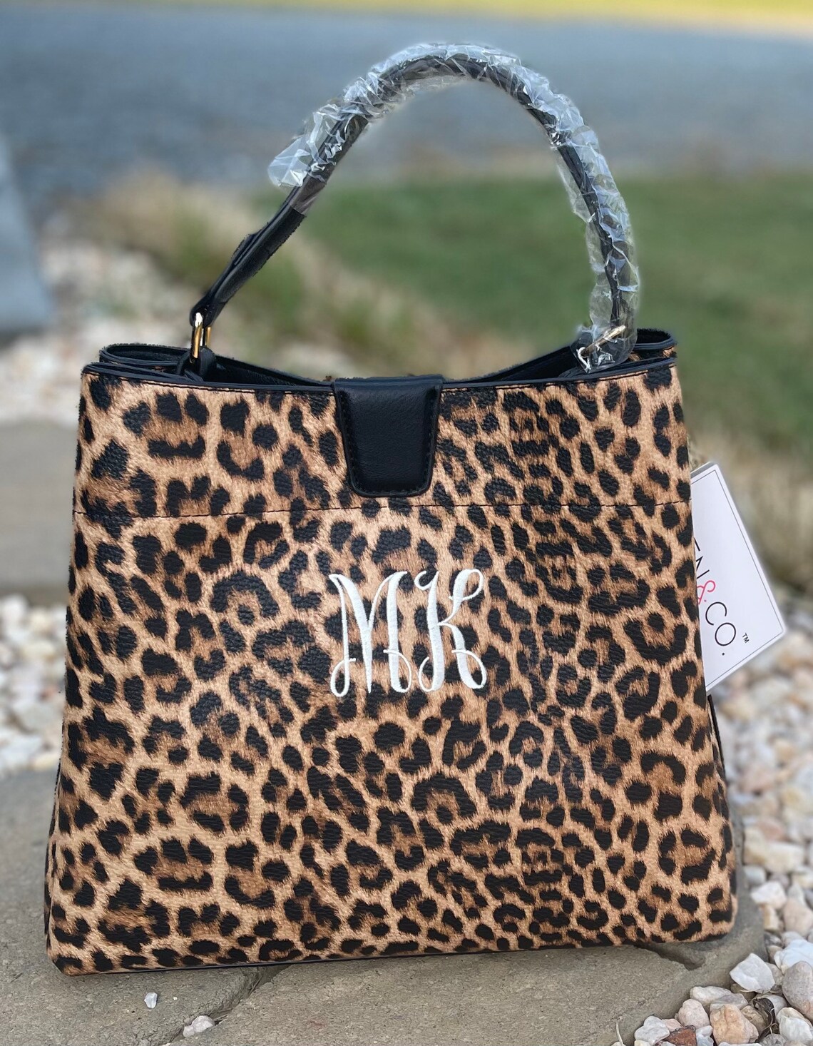 monogrammed leopard bag