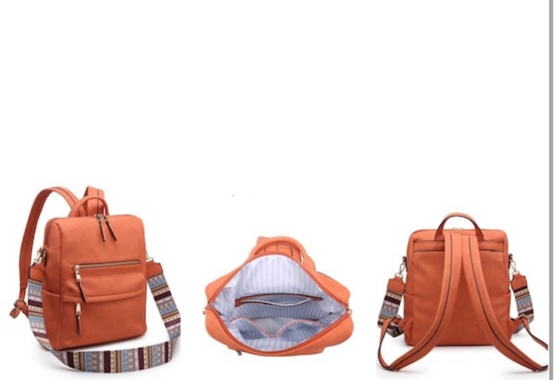 May include: A brown faux leather backpack with a zippered front pocket and a patterned strap. The backpack is shown from three angles: front, inside, and back.