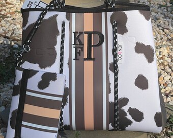 Cow print neoprene bag, monogrammed cow bag, monogrammed cow print neoprene purse