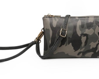 Camo wristlet, personalized taupe wristlet, monogrammed taupe wristlet, 3 compartment wristlet, vegan leather wristlet, camouflage crossbody