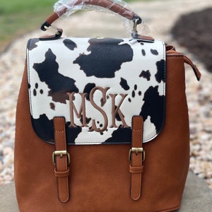 Cow print Convertible backpack shoulder bag, personalized purse, monogrammed bag