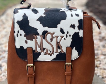 Cow print Convertible backpack shoulder bag, personalized purse, monogrammed bag