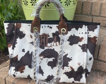 Cow print purse, monogram cow tote bag, personalized cow bag, cow satchel with chain strap