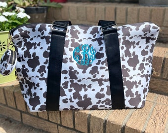 Neoprene cow print duffle bag, personalized cow travel bag, monogrammed cow duffle bag