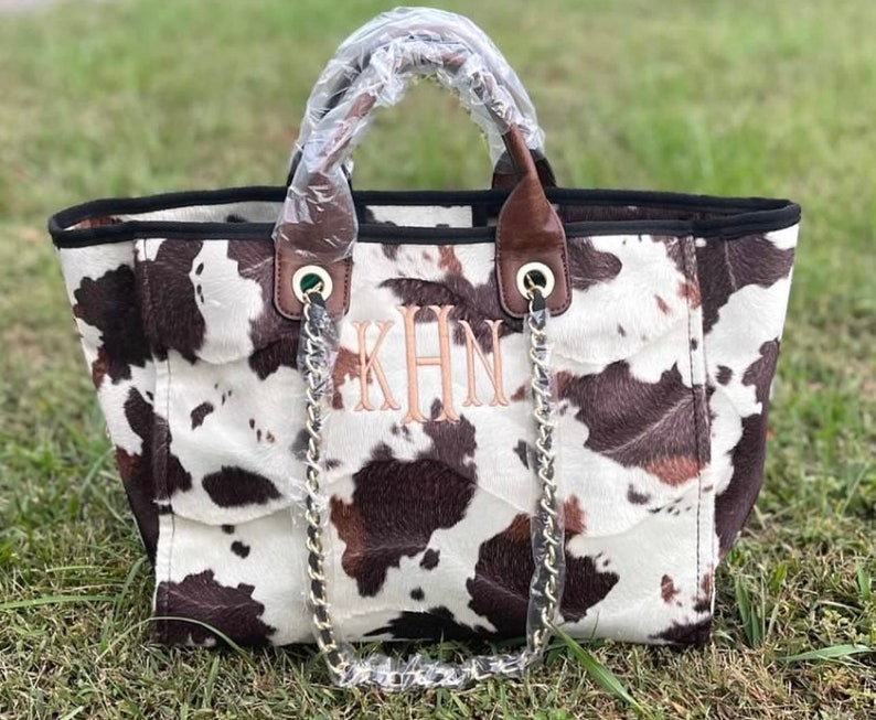 Cow print purse, monogram cow tote bag, personalized cow bag, cow satchel with chain strap image 3