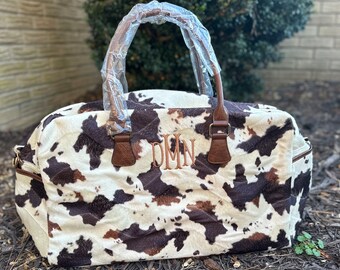 Cow print duffle bag, cow print weekender bag, monogrammed cow bag, personalized cow bag