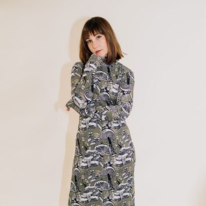 The Dunn Dress in Fungeyes Basque Green, Side slit dress, turtleneck dress, mushroom printed dress rib knit, Made in the usa by Simka Sol image 3