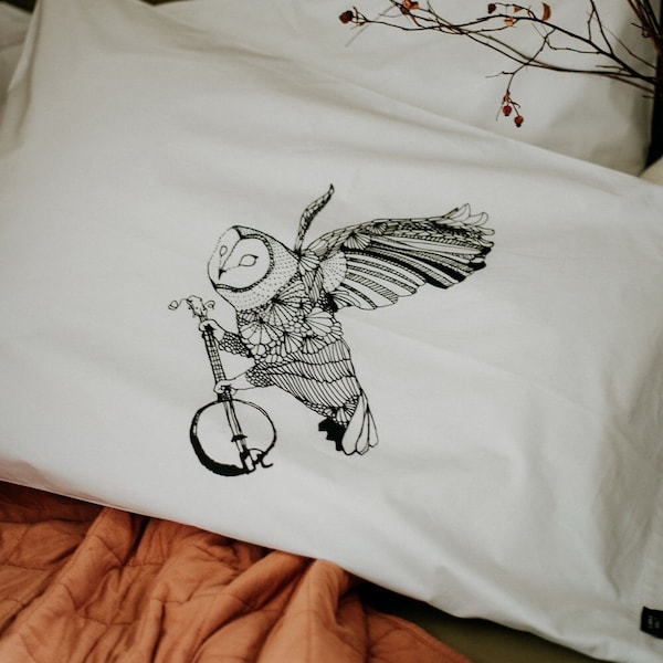 Ghost Banjo - Hand Printed Pillow Case Pair - 200tc - by Simka Sol owl pillow cases, owl with banjo, owl, nature lover, home decor