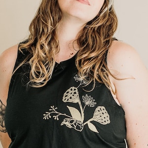 Botanical Skull Crop Tank: Hand-Printed Racerback - Dark Academia