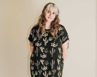 Golden Cactus Big Tee - oversized t-shirt dress, Cactus tunic, hand printed metallic gold, made in the USA by Simka Sol®