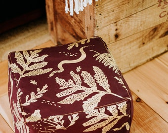 Tapestry Cover- Ottoman Cover, Garnet and metallic gold, Floor pouf, pouf, home decor, floor ottoman, floor cushion, ecohome, by Simka Sol