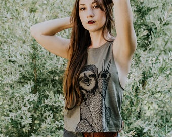Peace Out Sloth - womens cropped racer back tank - 5% Donated to Wildlife, sloth tshirt, peace tshirt, chill vibes, best friend gift, sloths