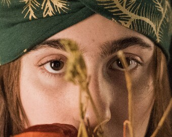 Skadi Turban - Hand Printed Turban, Organic Fabric - Pine and Metallic Gold, Headband, Printed Hair Piece- by Simka Sol