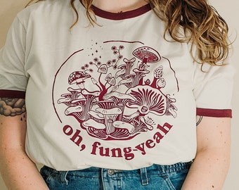 Oh, Fung-Yeah - unisex ringer t-shirt, fungi, mushrooms, cottagecore, vintaged t-shirt, bloomcore, naturecore, Cottagegore, botanical, 70s