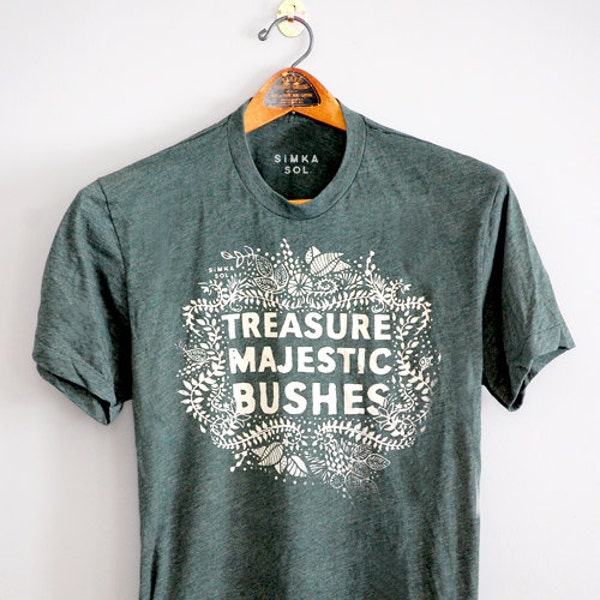 Majestic Bushes || Unisex tshirt, Heather Forest Green, 5% Donated to Amazon Conservation Association, nature lovers tshirt || by Simka Sol