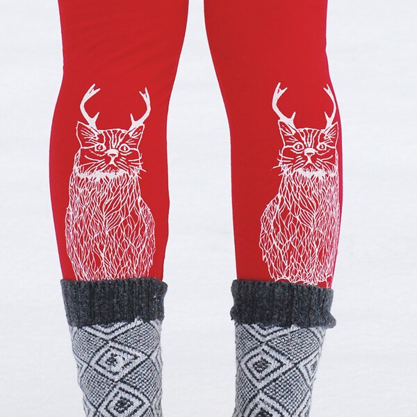 LIMITED EDITION RED Wild Catalope Leggings - ugly Christmas Leggings - Perfect for Holiday Sweater Parties - Christmas Cat - White and Red