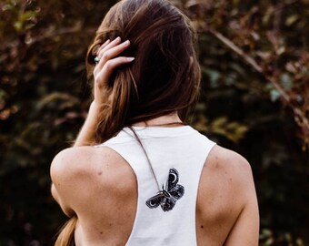 Feral Babe - Womens cropped racerback tank in white with black botanical print, botanical printed tank top