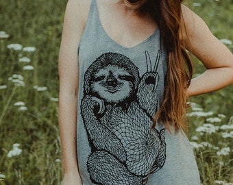 Peace Out Sloth - womens oversized tank top, loose slouchy tank, 5% Donated to Wildlife, funny sloth, free spirit, sloth vibes, Peace tshirt