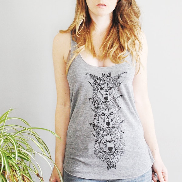 Wolf Totem, womens racerback tank top, wolf printed tank, wolf totem, animal gifts for her, soft jersey tank for her, usa made, Simka Sol