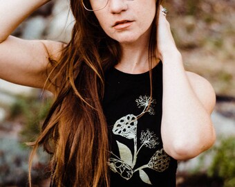 Feral Babe - Womens cropped racerback tank in black with metallic gold, botanical printed tank top