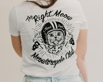 Meowtorcycle Club - vintage women's cat t-shirt, funny cat shirt, motorcycle t-shirt, cat meme, cat lovers, cool cat shirt, motorcycle club