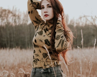 Banquet Regale - womens turtle neck top, long sleeve shirt, hand printed fabric, made in the usa by Simka Sol