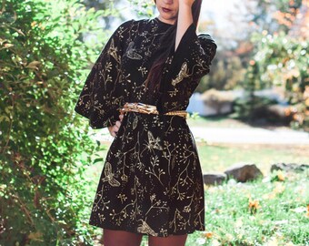 Hawk Moth Dress - Black and Gold, with pockets, made in the usa, bamboo organic cotton, by Simka Sol