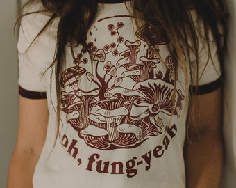 Oh, Fung-Yeah - unisex ringer t-shirt, fungi, mushrooms, cottagecore, vintaged t-shirt, bloomcore, naturecore, Cottagegore, botanical, 70s