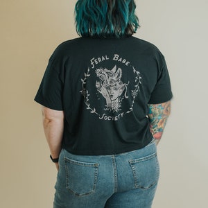 Feral Babe Society Vintaged Crop Tee, womens crop t-shirt, Floral tattoo style, Wolf and girl, rockabilly style, punk style, by Simka Sol® image 4