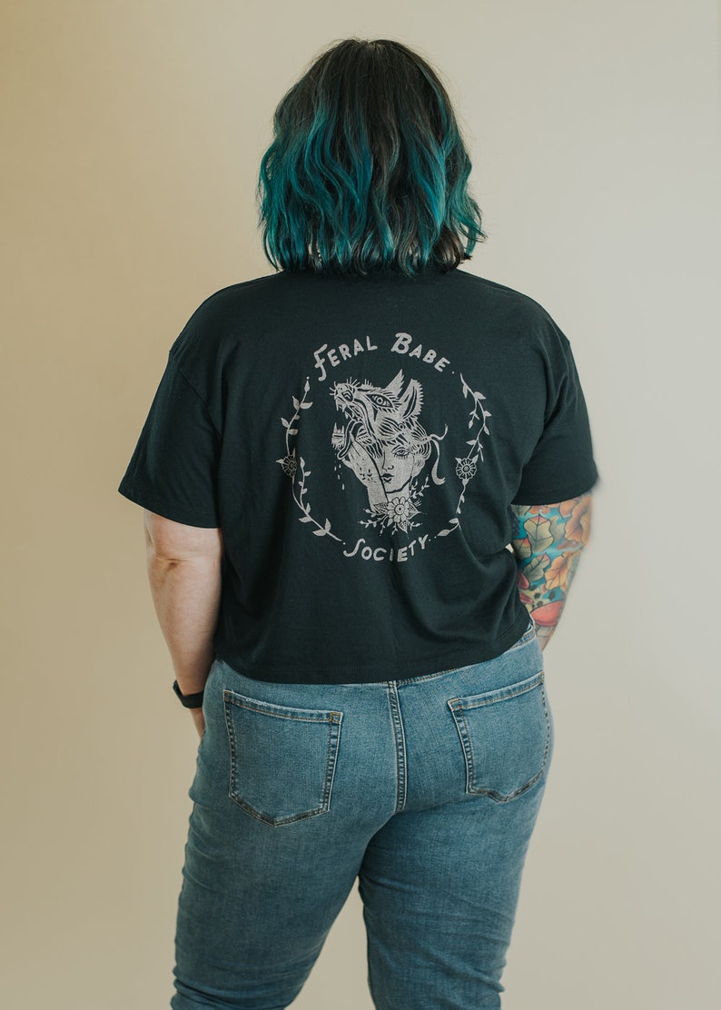 Feral Babe Society Vintaged Crop Tee, womens crop t-shirt, Floral tattoo style, Wolf and girl, rockabilly style, punk style, by Simka Sol® image 4