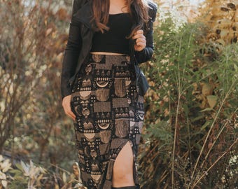 Rabbit Moon bamboo pencil skirt with slit: Elastic Waist, midi Style