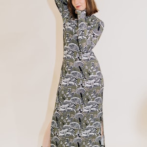 The Dunn Dress in Fungeyes Basque Green, Side slit dress, turtleneck dress, mushroom printed dress rib knit, Made in the usa by Simka Sol image 8