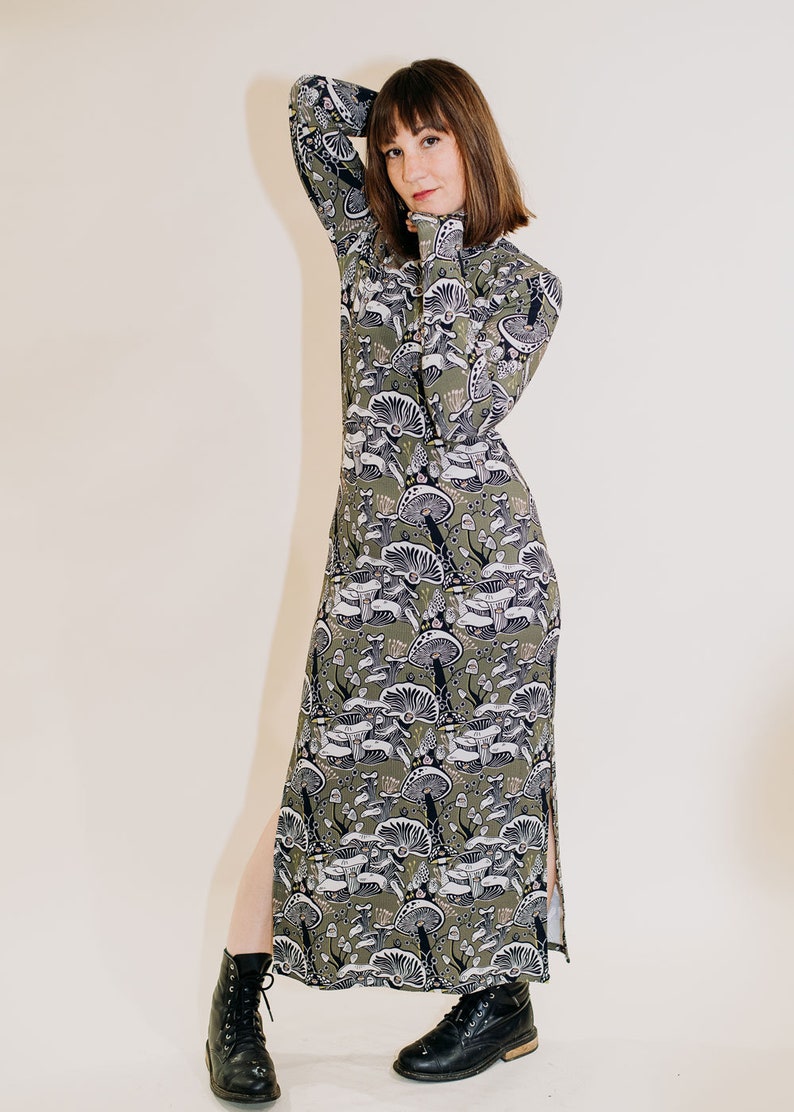 The Dunn Dress in Fungeyes Basque Green, Side slit dress, turtleneck dress, mushroom printed dress rib knit, Made in the usa by Simka Sol image 8