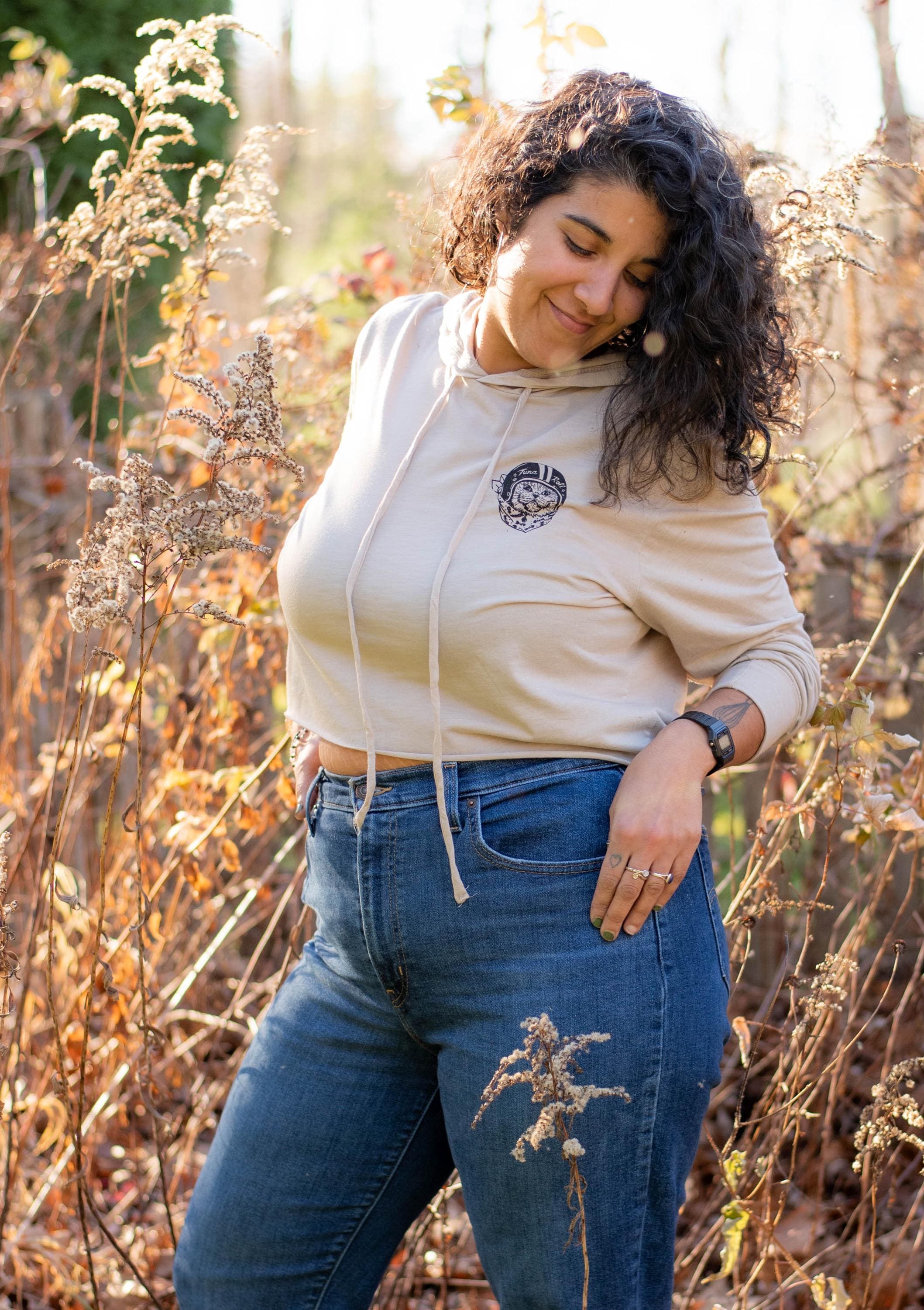 Meowtorcycle Club - Cropped hooded long sleeve shirt - Latte - vintage unisex funny cat t-shirt, motorcycle tshirt, funny cat tshirts