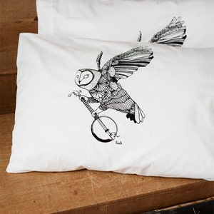 Ghost Banjo Hand Printed Pillow Case Pair 200tc by Simka Sol owl pillow cases, owl with banjo, owl, nature lover, home decor image 4