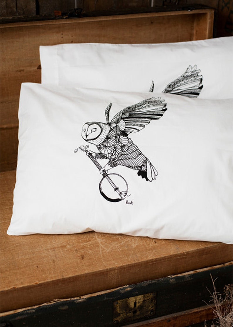 Ghost Banjo Hand Printed Pillow Case Pair 200tc by Simka Sol owl pillow cases, owl with banjo, owl, nature lover, home decor image 4